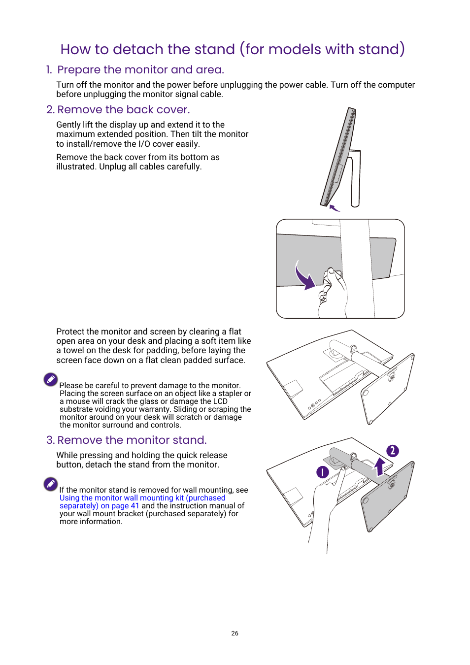 How to detach the stand (for models with stand), Prepare the monitor and area, Remove the back cover | Remove the monitor stand | BenQ DesignVue PD2705UA 27" 4K HDR Monitor with Ergo Stand User Manual | Page 26 / 75