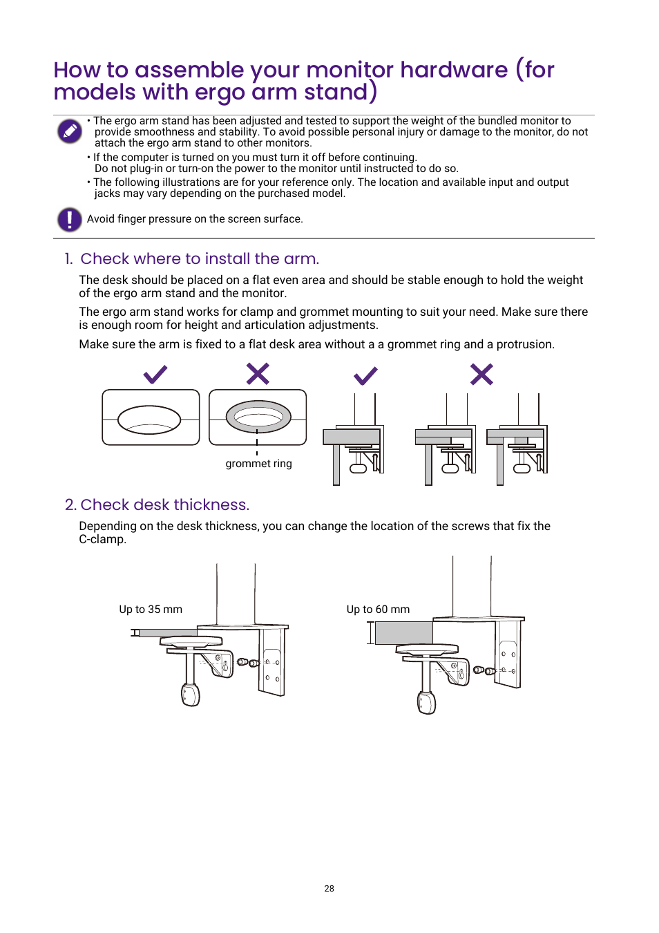 Stand), Check where to install the arm, Check desk thickness | BenQ DesignVue PD2705UA 27" 4K HDR Monitor with Ergo Stand User Manual | Page 28 / 75