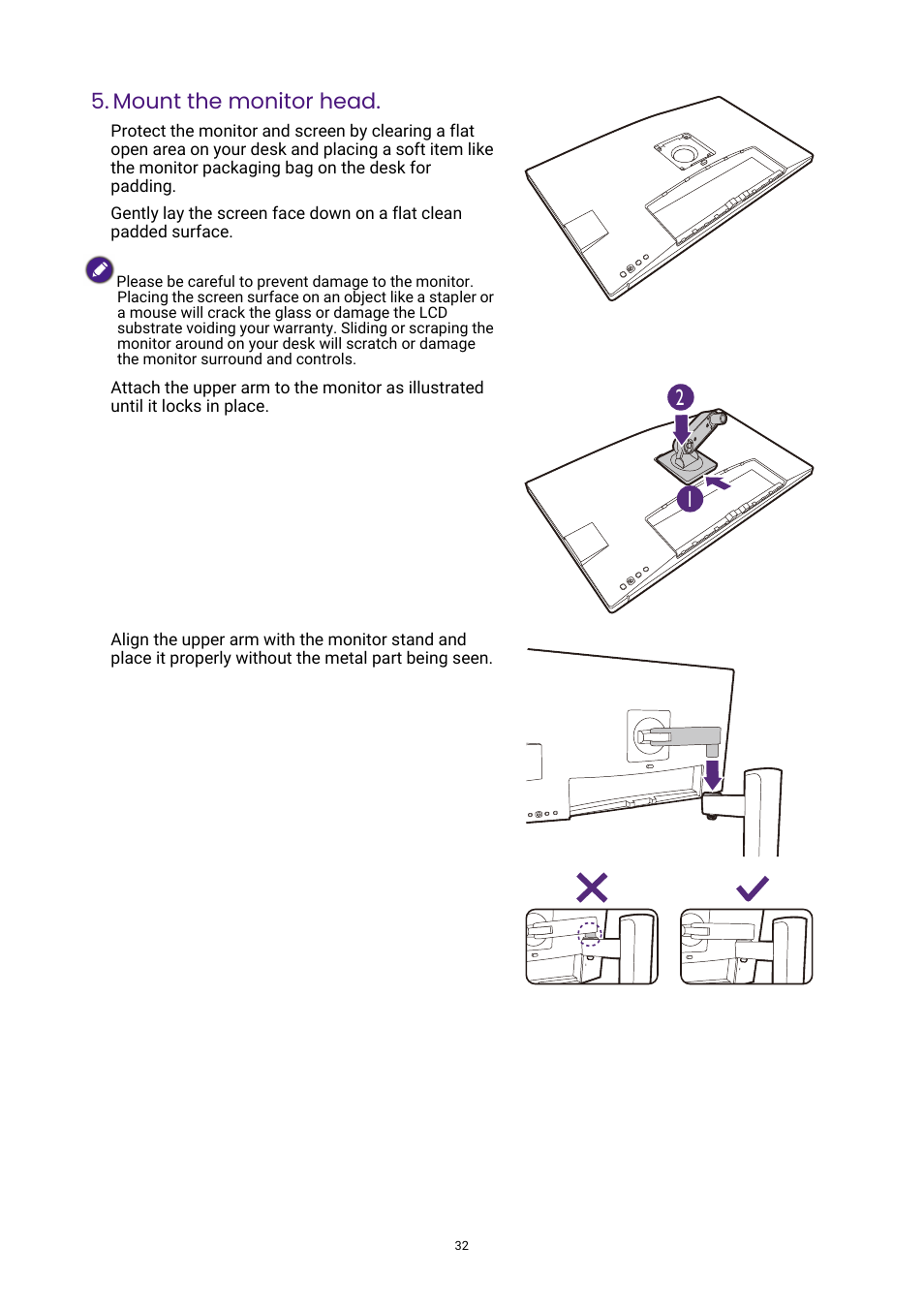 Mount the monitor head | BenQ DesignVue PD2705UA 27" 4K HDR Monitor with Ergo Stand User Manual | Page 32 / 75