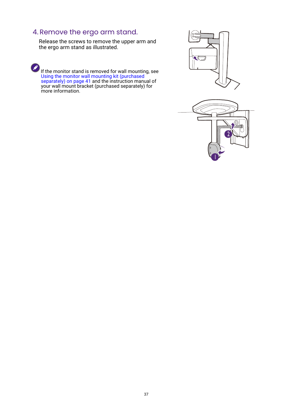 Remove the ergo arm stand | BenQ DesignVue PD2705UA 27" 4K HDR Monitor with Ergo Stand User Manual | Page 37 / 75