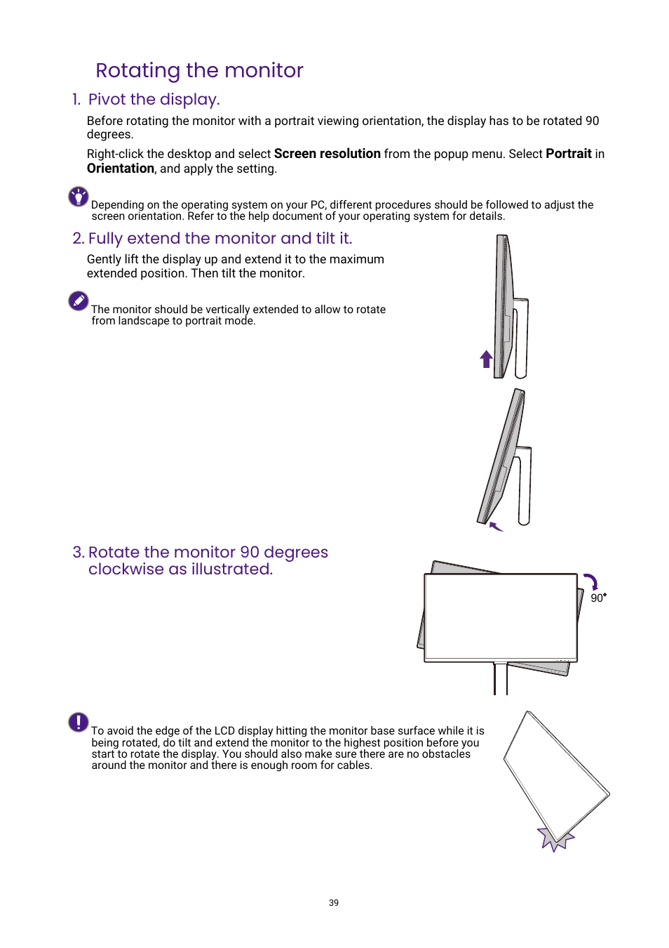 Rotating the monitor, Pivot the display, Fully extend the monitor and tilt it | BenQ DesignVue PD2705UA 27" 4K HDR Monitor with Ergo Stand User Manual | Page 39 / 75