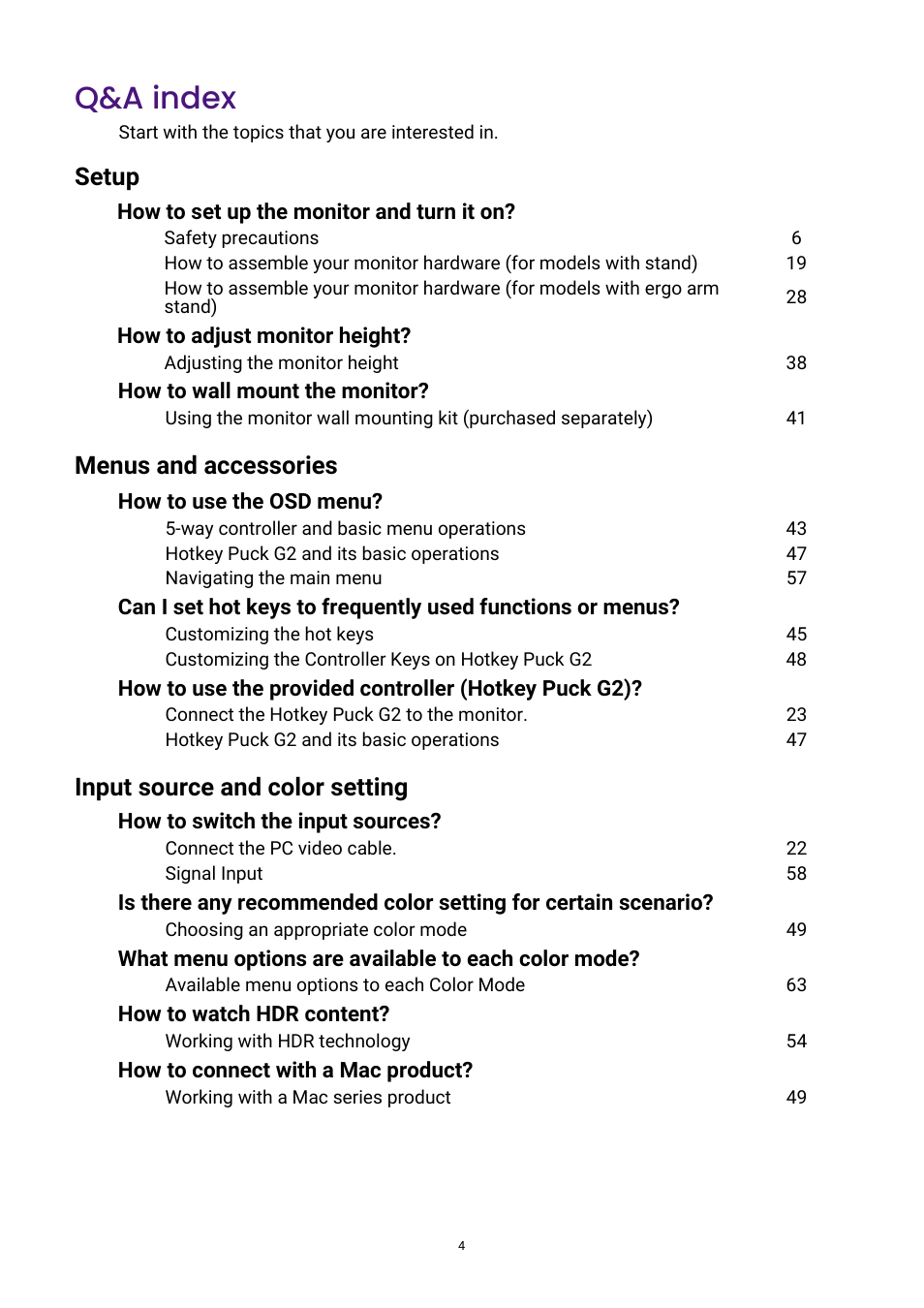 Q&a index | BenQ DesignVue PD2705UA 27" 4K HDR Monitor with Ergo Stand User Manual | Page 4 / 75