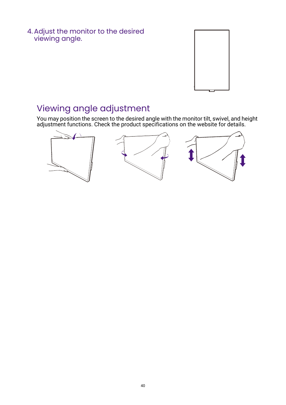 Viewing angle adjustment | BenQ DesignVue PD2705UA 27" 4K HDR Monitor with Ergo Stand User Manual | Page 40 / 75