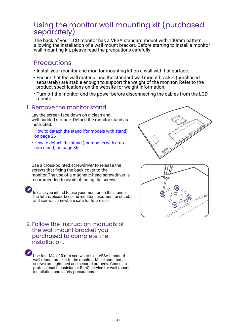 Precautions, Remove the monitor stand | BenQ DesignVue PD2705UA 27" 4K HDR Monitor with Ergo Stand User Manual | Page 41 / 75