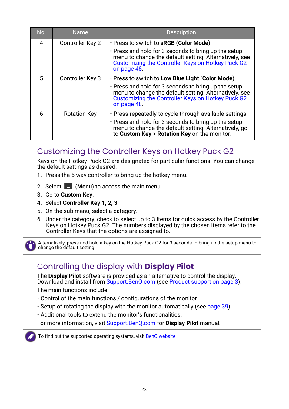 Customizing the controller keys on hotkey puck g2, Controlling the display with display pilot | BenQ DesignVue PD2705UA 27" 4K HDR Monitor with Ergo Stand User Manual | Page 48 / 75
