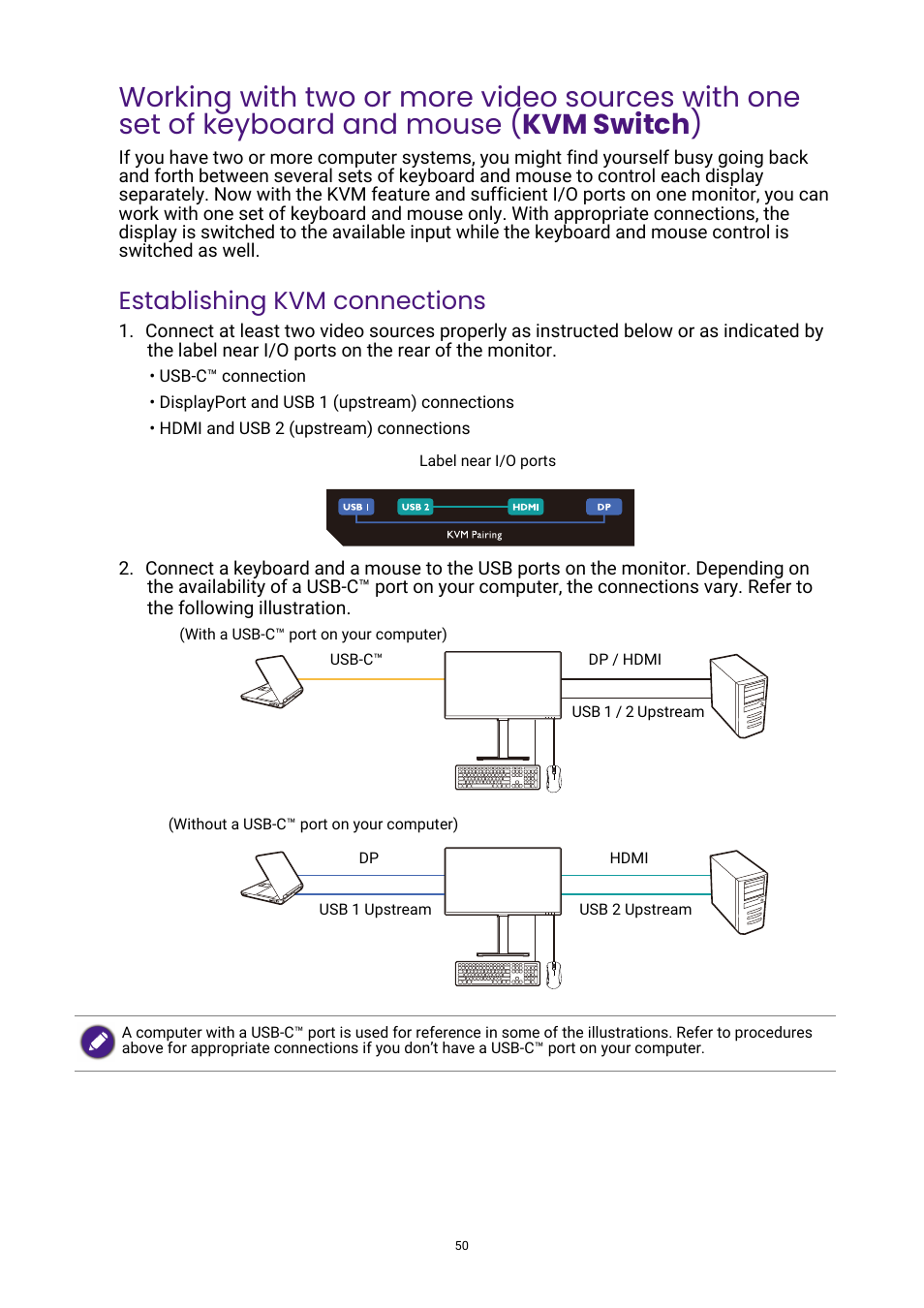 Mouse (kvm switch), Working with two or more video sources with one, Establishing kvm connections | BenQ DesignVue PD2705UA 27" 4K HDR Monitor with Ergo Stand User Manual | Page 50 / 75