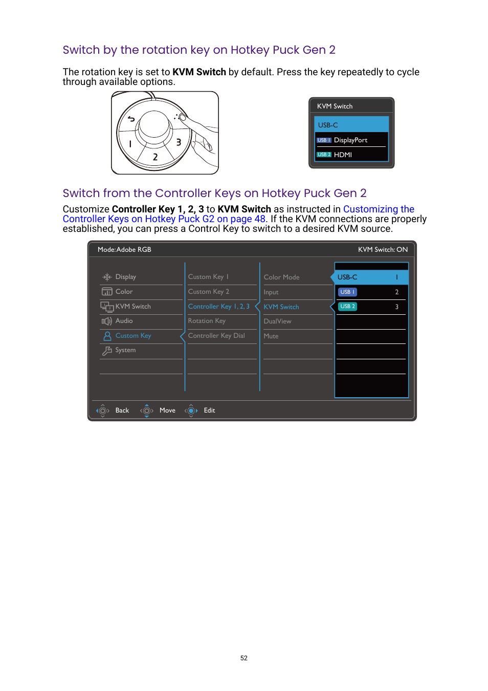 Switch by the rotation key on hotkey puck gen 2 | BenQ DesignVue PD2705UA 27" 4K HDR Monitor with Ergo Stand User Manual | Page 52 / 75