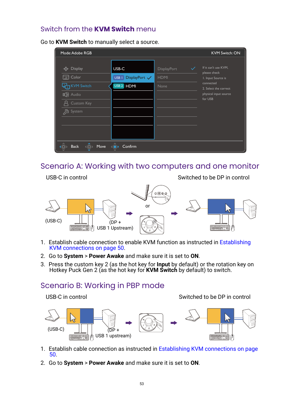 Scenario b: working in pbp mode, Switch from the kvm switch menu | BenQ DesignVue PD2705UA 27" 4K HDR Monitor with Ergo Stand User Manual | Page 53 / 75