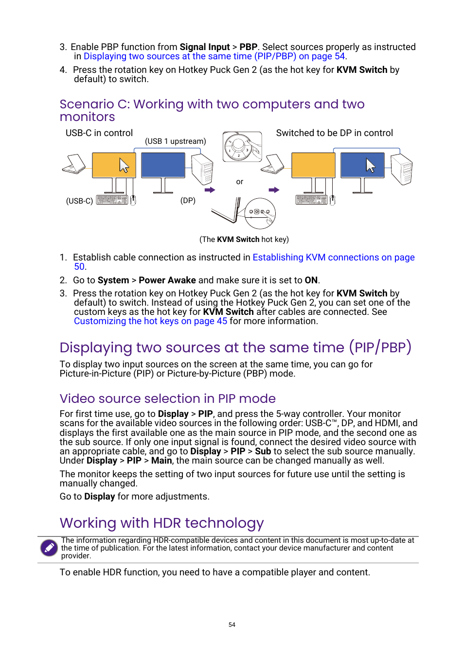 Displaying two sources at the same time (pip/pbp), Working with hdr technology, Scenario c | Video source selection in pip mode | BenQ DesignVue PD2705UA 27" 4K HDR Monitor with Ergo Stand User Manual | Page 54 / 75