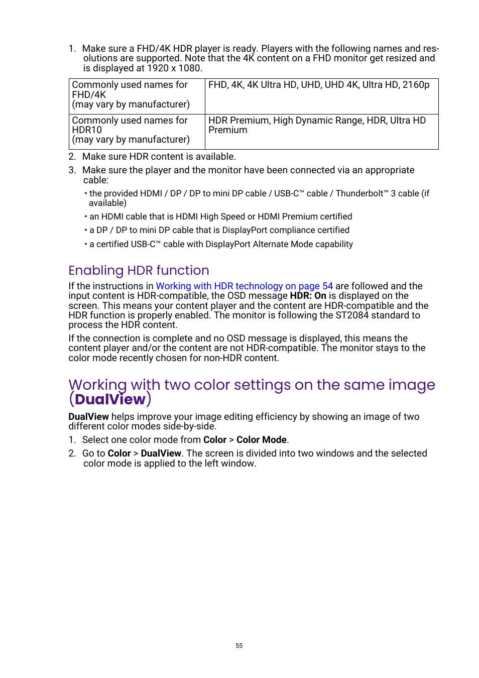 Working with two color settings on the same image, Enabling hdr function | BenQ DesignVue PD2705UA 27" 4K HDR Monitor with Ergo Stand User Manual | Page 55 / 75