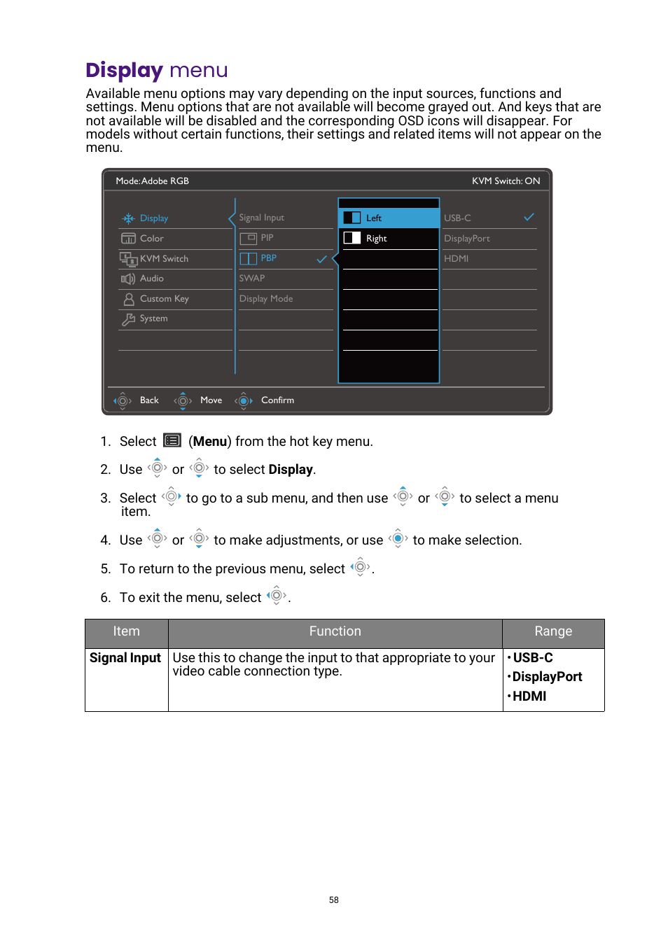 Display menu, Signal input, Display | BenQ DesignVue PD2705UA 27" 4K HDR Monitor with Ergo Stand User Manual | Page 58 / 75