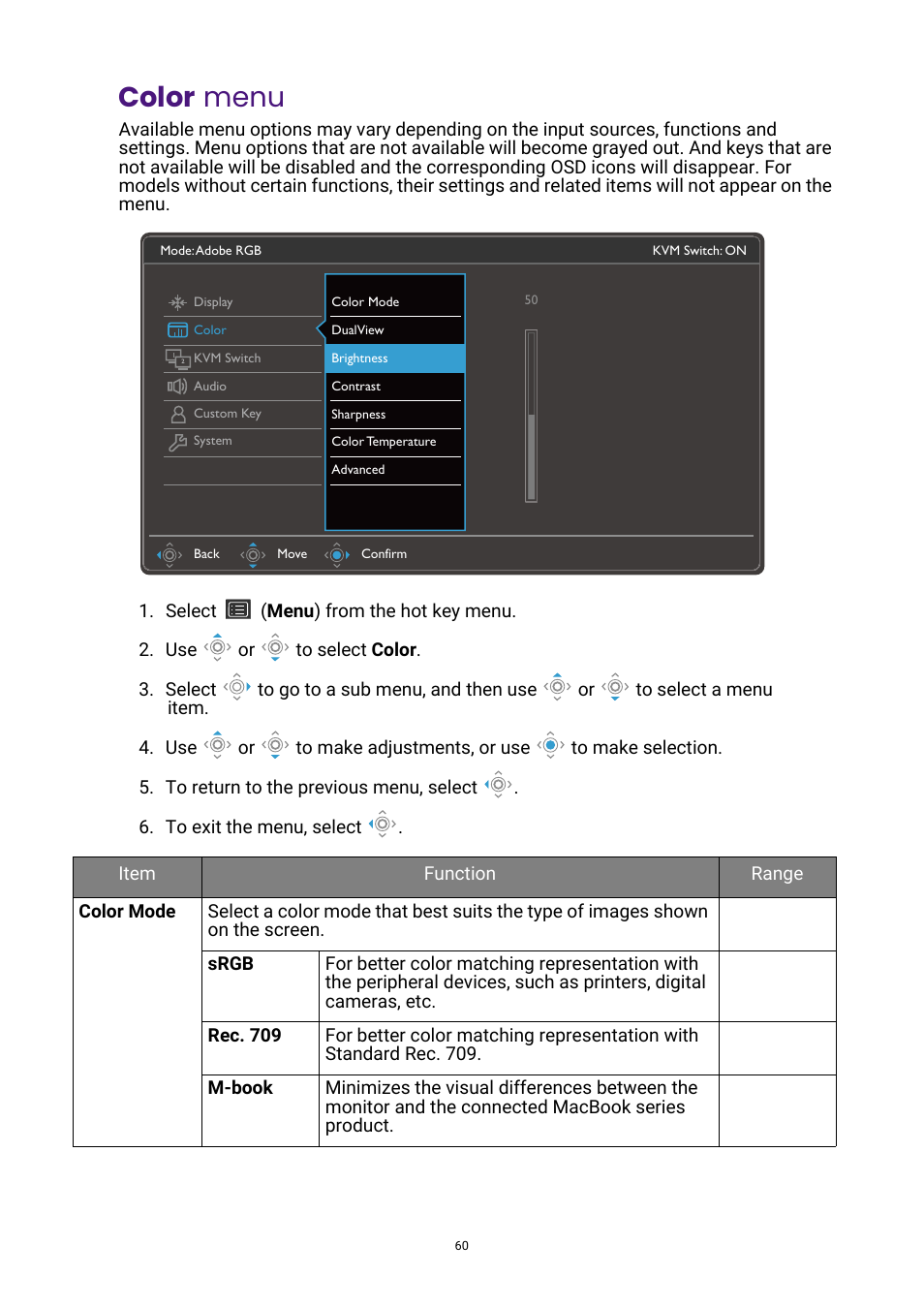 Color menu, Color, Mode (if available). see | BenQ DesignVue PD2705UA 27" 4K HDR Monitor with Ergo Stand User Manual | Page 60 / 75