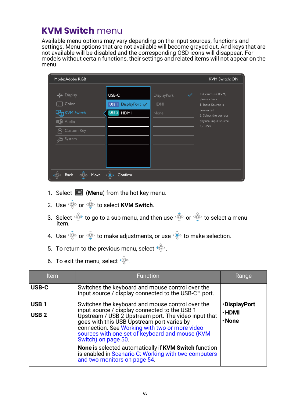 Kvm switch menu, Kvm switch, Menu | BenQ DesignVue PD2705UA 27" 4K HDR Monitor with Ergo Stand User Manual | Page 65 / 75