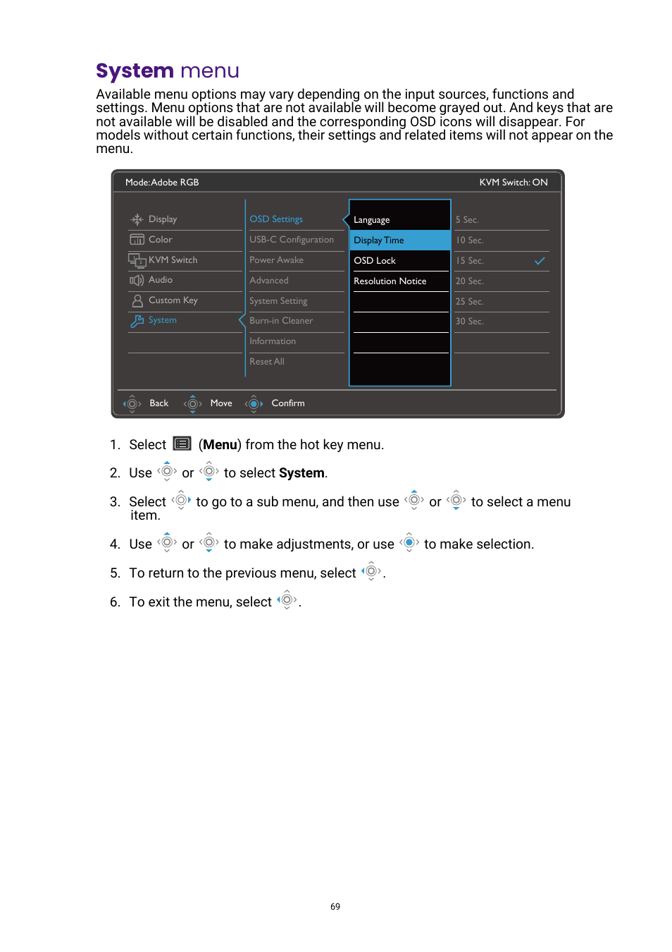 System menu, System, Menu | BenQ DesignVue PD2705UA 27" 4K HDR Monitor with Ergo Stand User Manual | Page 69 / 75