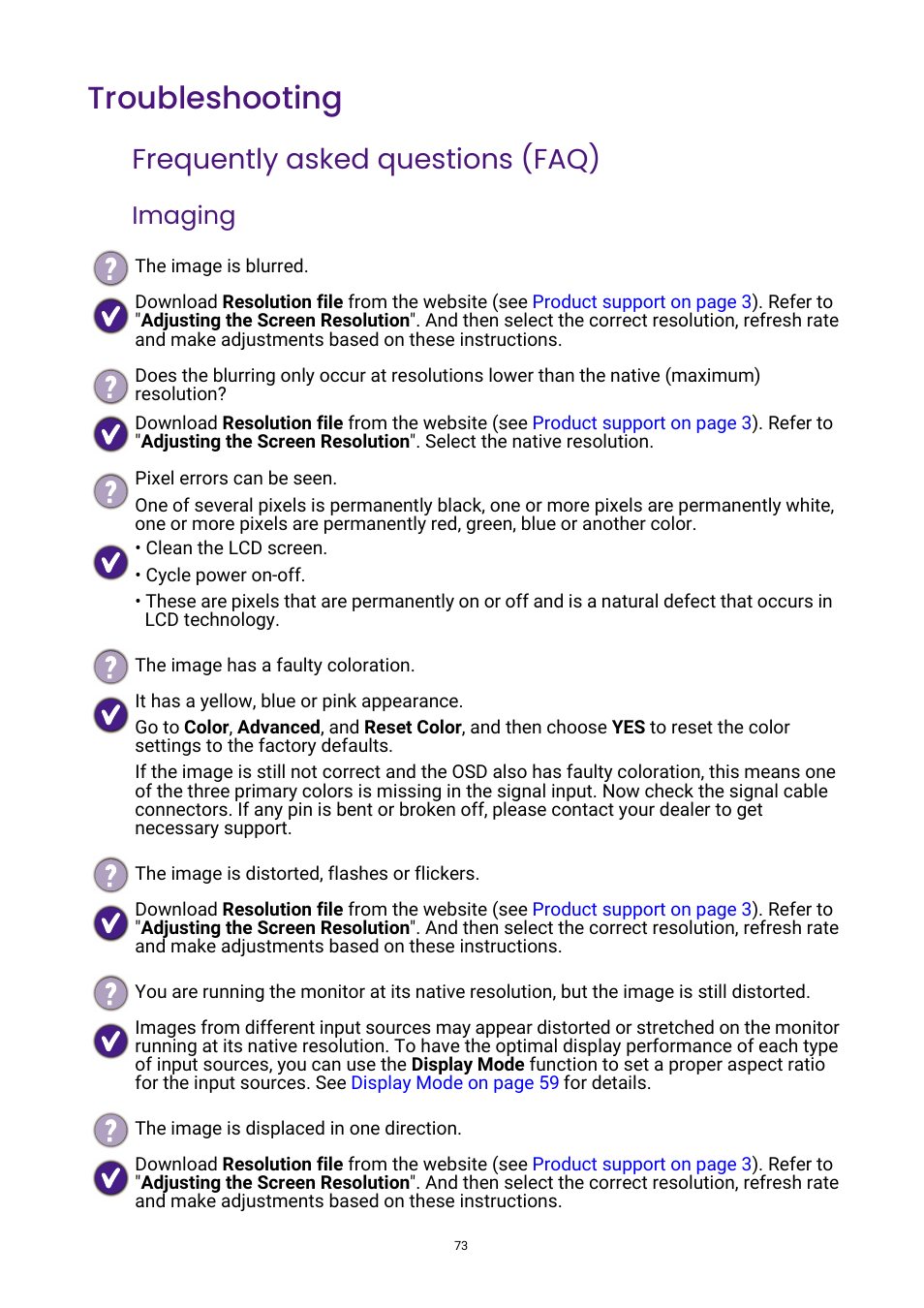Troubleshooting, Frequently asked questions (faq), Imaging | BenQ DesignVue PD2705UA 27" 4K HDR Monitor with Ergo Stand User Manual | Page 73 / 75