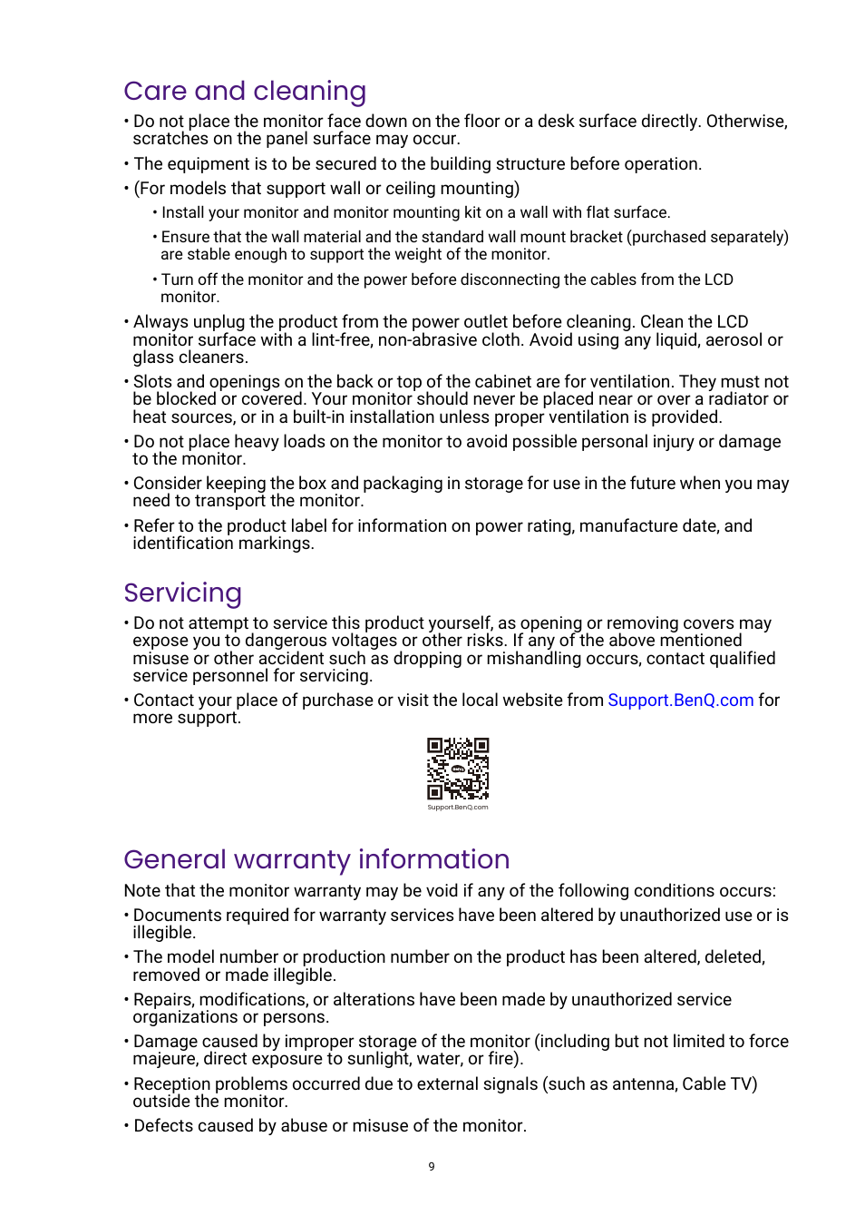 Care and cleaning, Servicing, General warranty information | BenQ DesignVue PD2705UA 27" 4K HDR Monitor with Ergo Stand User Manual | Page 9 / 75