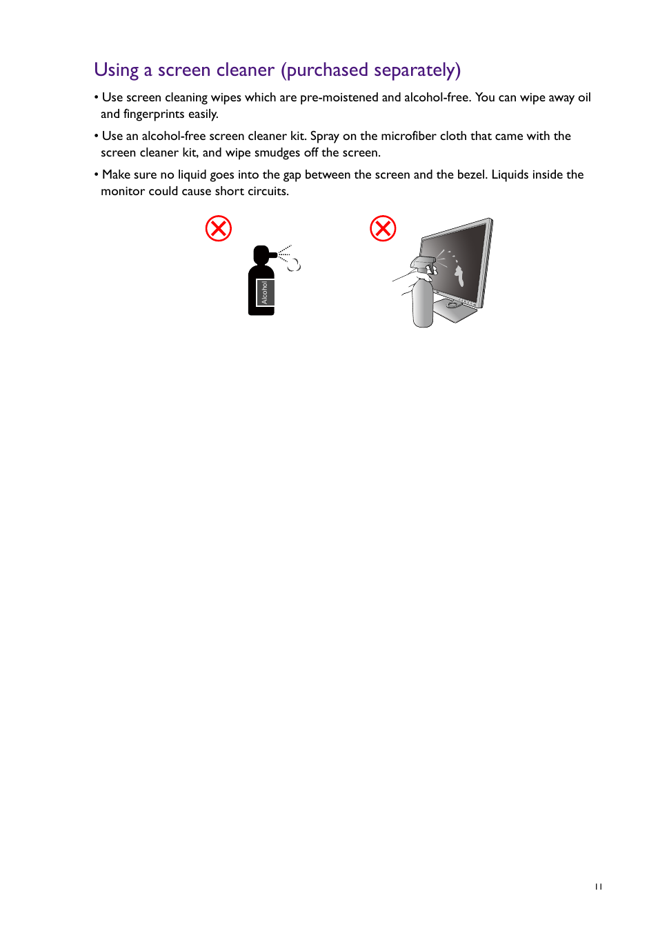Using a screen cleaner (purchased separately) | BenQ SW321C 32" 16:9 4K HDR IPS Photo and Video Editing Monitor User Manual | Page 11 / 70