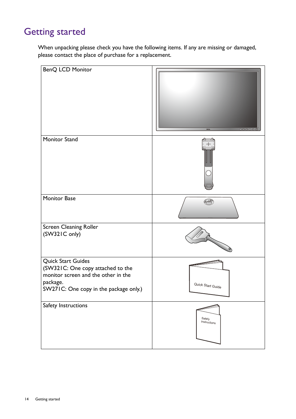 Getting started | BenQ SW321C 32" 16:9 4K HDR IPS Photo and Video Editing Monitor User Manual | Page 14 / 70