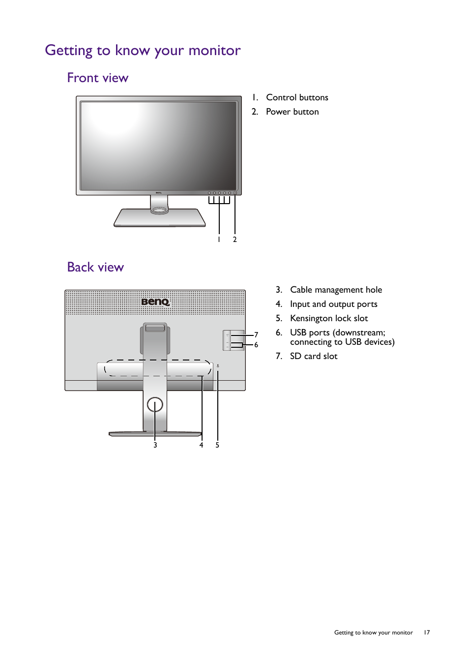 Getting to know your monitor, Front view, Back view | Front view back view | BenQ SW321C 32" 16:9 4K HDR IPS Photo and Video Editing Monitor User Manual | Page 17 / 70