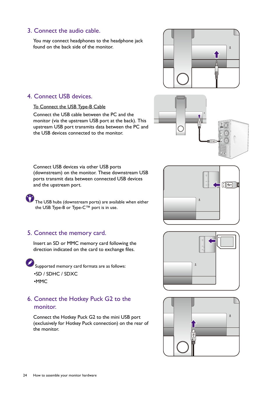 Connect the hotkey puck g2 to the monitor, Connect the audio cable, Connect usb devices | Sd / sdhc / sdxc •mmc | BenQ SW321C 32" 16:9 4K HDR IPS Photo and Video Editing Monitor User Manual | Page 24 / 70