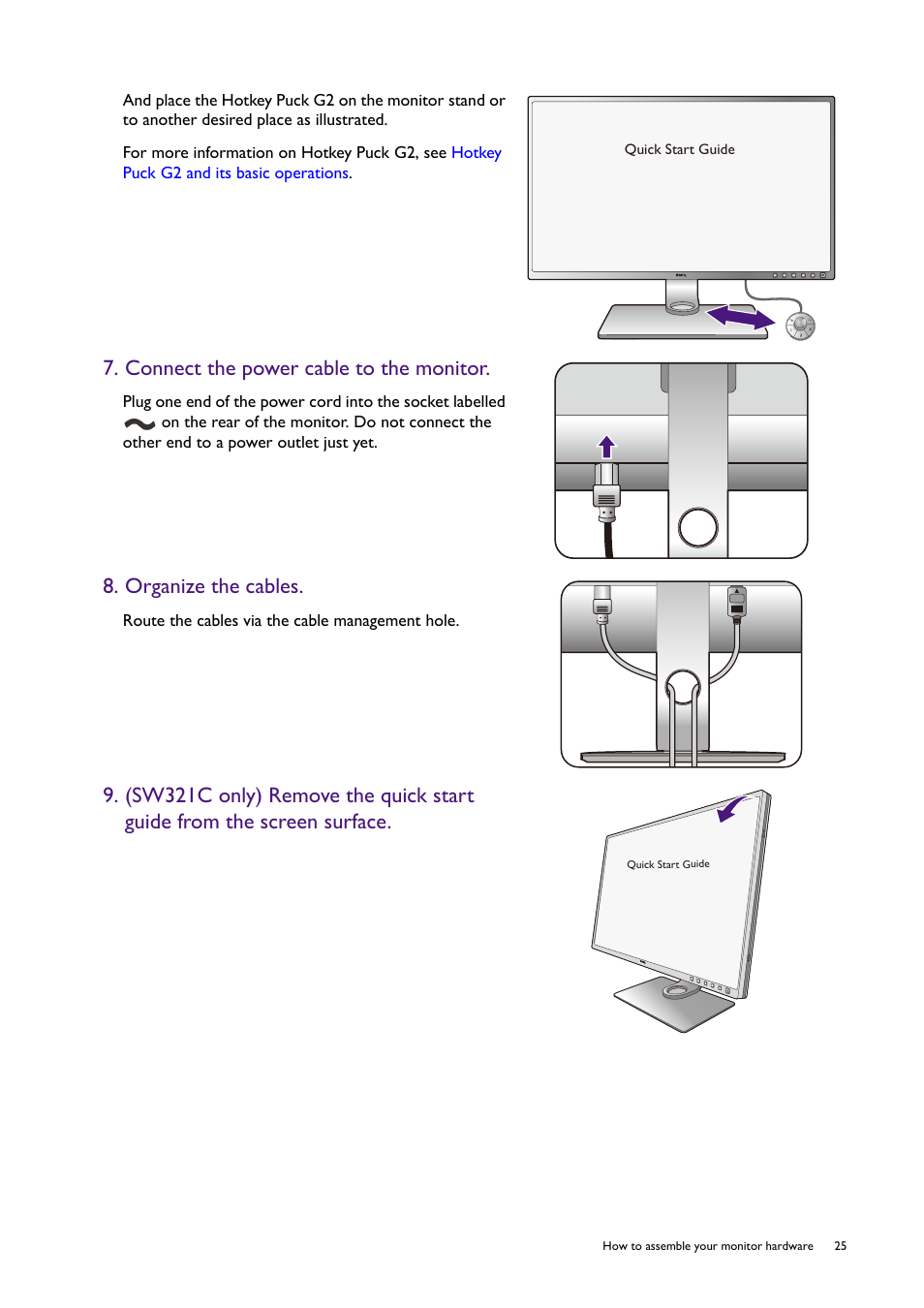 Connect the power cable to the monitor, Organize the cables | BenQ SW321C 32" 16:9 4K HDR IPS Photo and Video Editing Monitor User Manual | Page 25 / 70