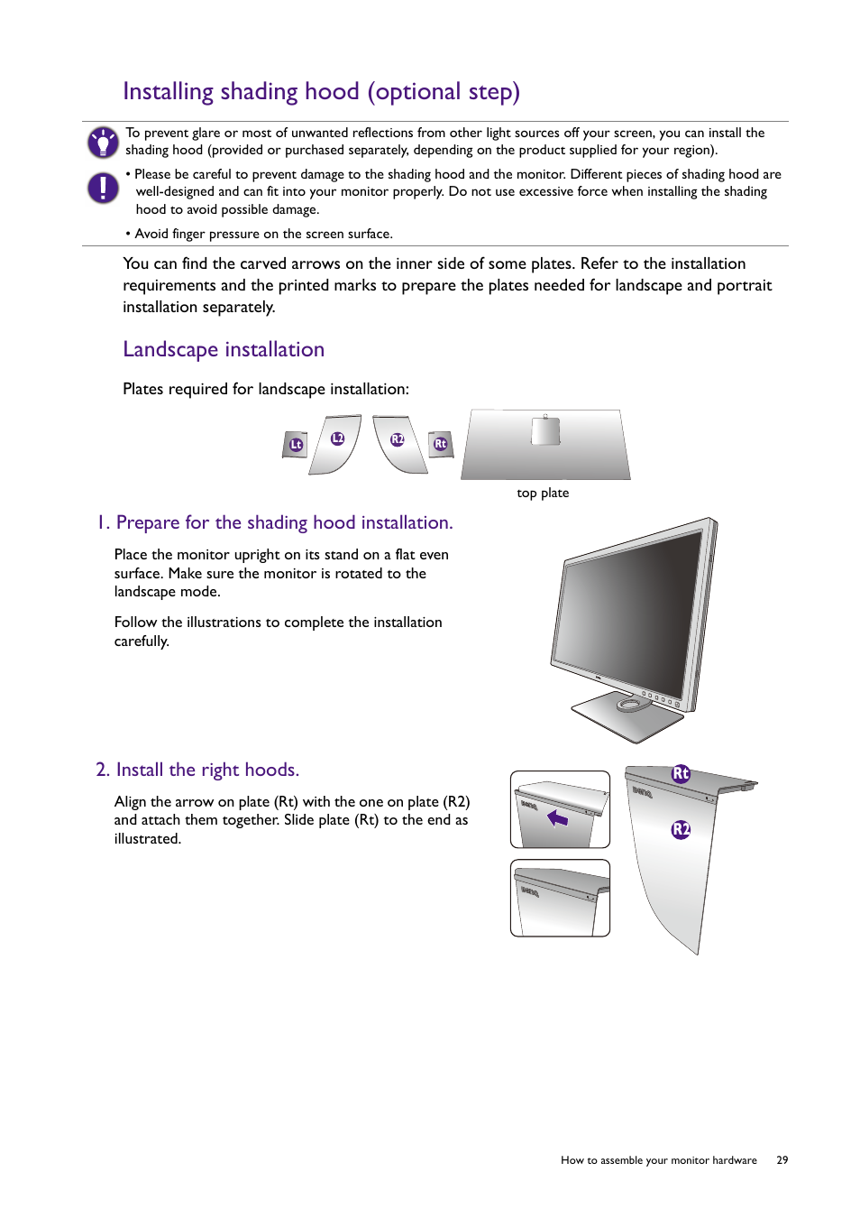 Installing shading hood (optional step), Landscape installation, Prepare for the shading hood installation | Install the right hoods | BenQ SW321C 32" 16:9 4K HDR IPS Photo and Video Editing Monitor User Manual | Page 29 / 70