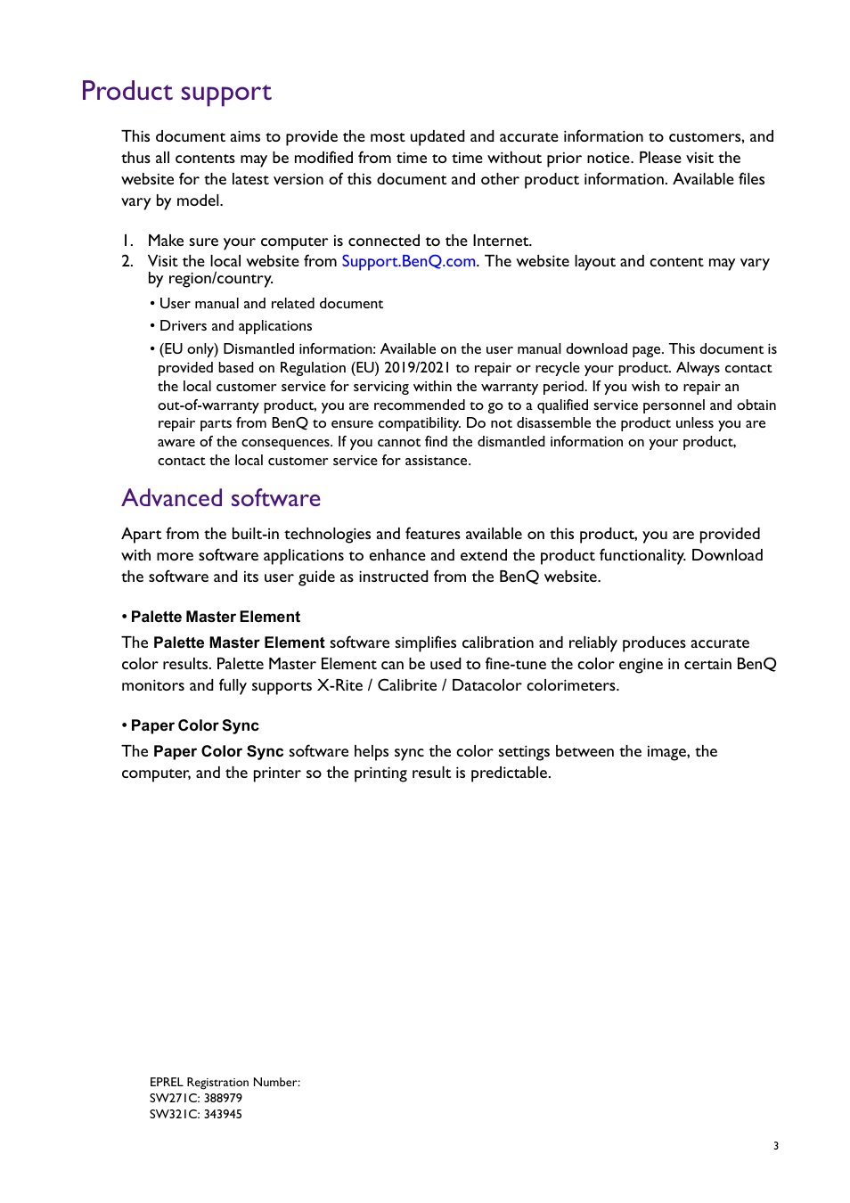 Product support, Advanced software | BenQ SW321C 32" 16:9 4K HDR IPS Photo and Video Editing Monitor User Manual | Page 3 / 70