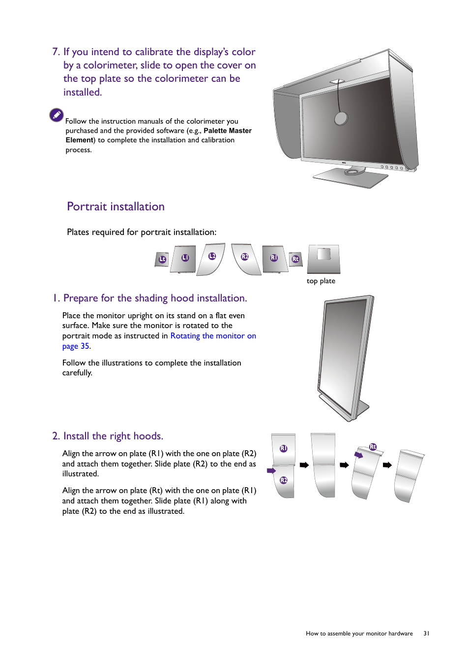 Portrait installation, Prepare for the shading hood installation, Install the right hoods | BenQ SW321C 32" 16:9 4K HDR IPS Photo and Video Editing Monitor User Manual | Page 31 / 70