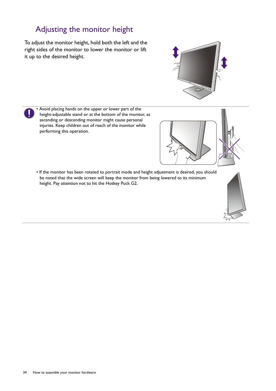 Adjusting the monitor height | BenQ SW321C 32" 16:9 4K HDR IPS Photo and Video Editing Monitor User Manual | Page 34 / 70