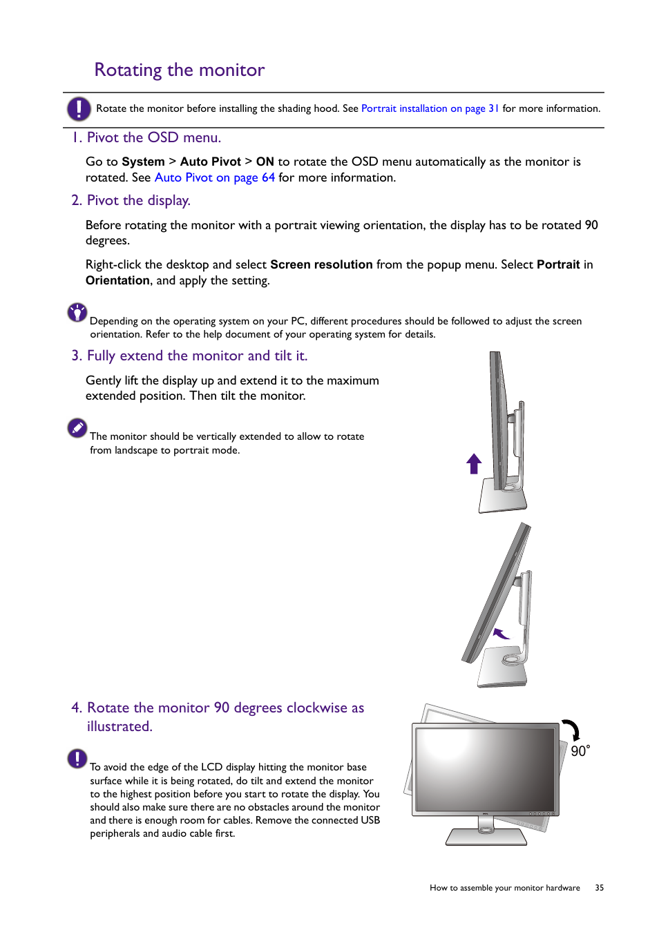 Rotating the monitor, Pivot the osd menu, Pivot the display | Fully extend the monitor and tilt it | BenQ SW321C 32" 16:9 4K HDR IPS Photo and Video Editing Monitor User Manual | Page 35 / 70