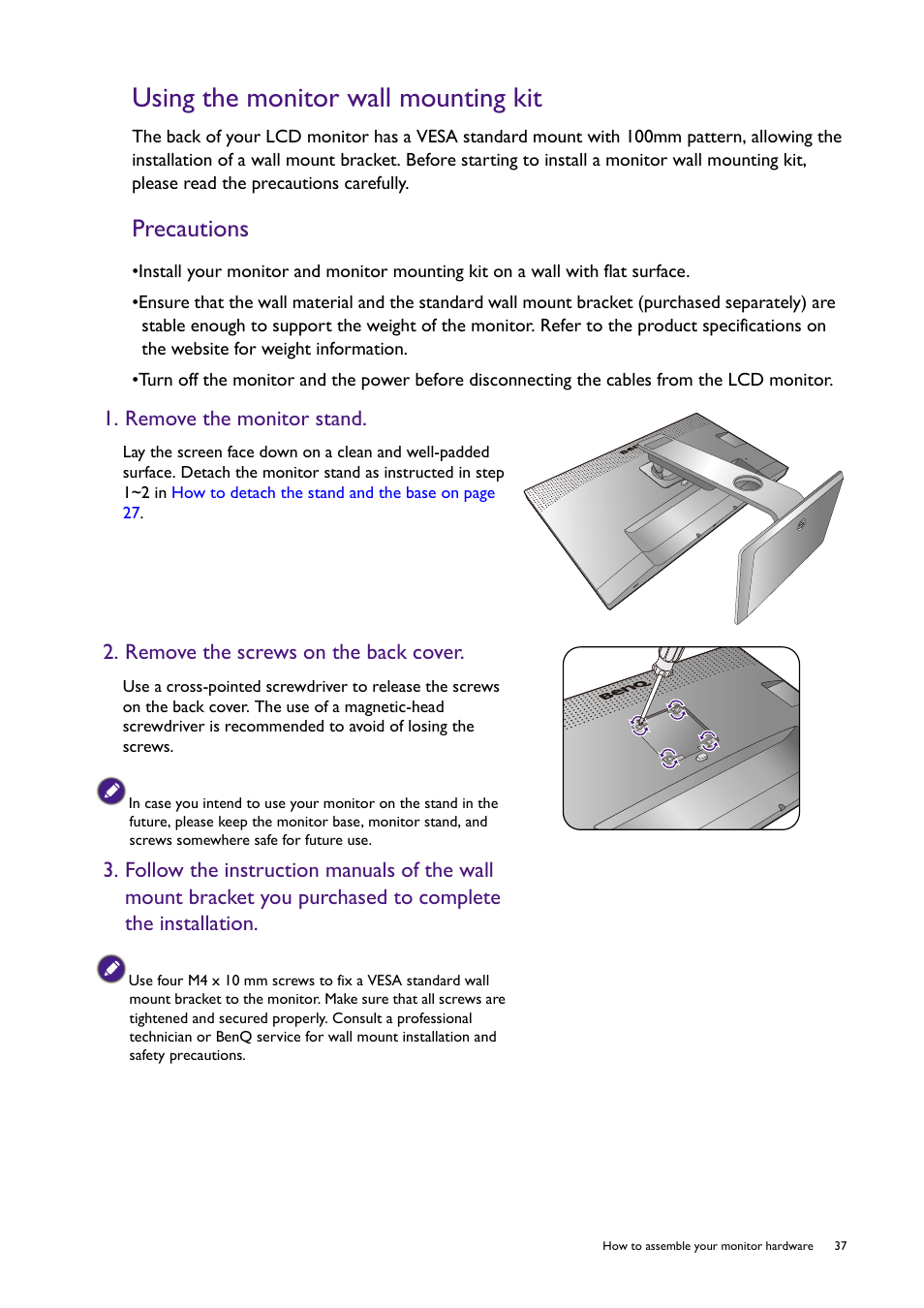 Using the monitor wall mounting kit, Precautions, Remove the monitor stand | Remove the screws on the back cover | BenQ SW321C 32" 16:9 4K HDR IPS Photo and Video Editing Monitor User Manual | Page 37 / 70