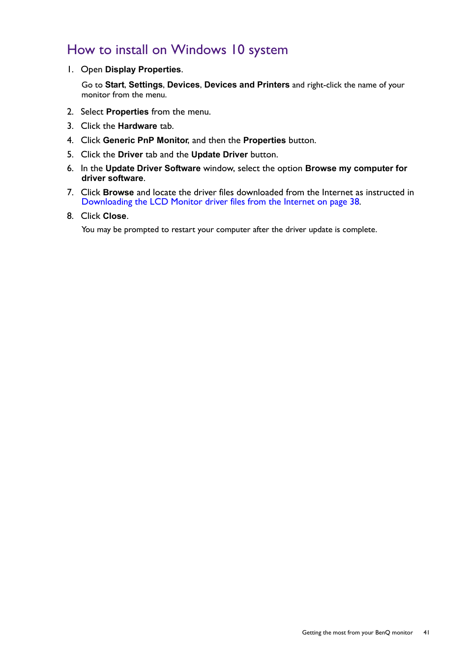 How to install on windows 10 system | BenQ SW321C 32" 16:9 4K HDR IPS Photo and Video Editing Monitor User Manual | Page 41 / 70