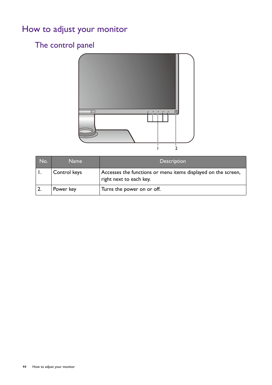 How to adjust your monitor, The control panel | BenQ SW321C 32" 16:9 4K HDR IPS Photo and Video Editing Monitor User Manual | Page 44 / 70