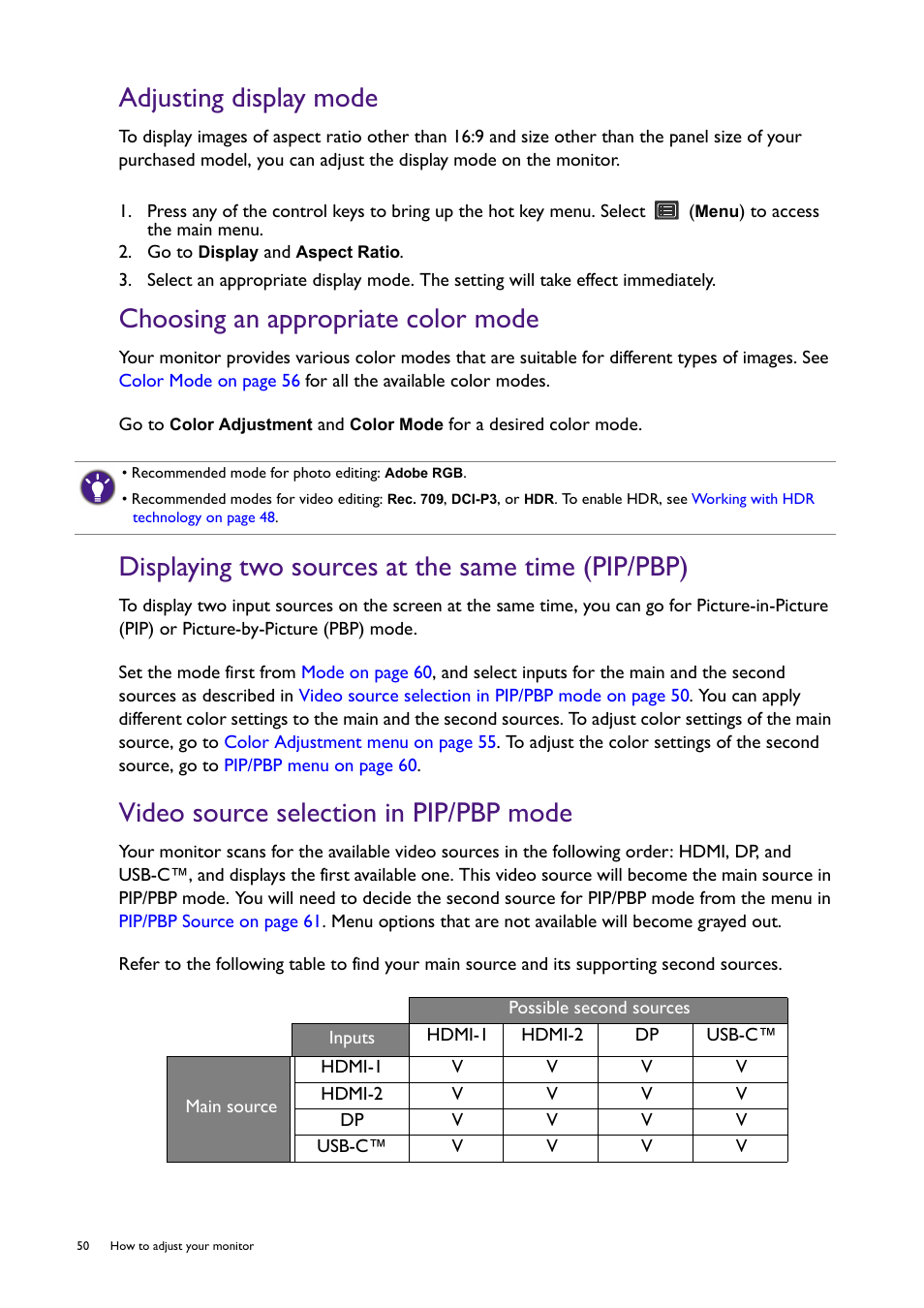 Adjusting display mode, Choosing an appropriate color mode, Displaying two sources at the same time (pip/pbp) | Video source selection in pip/pbp mode | BenQ SW321C 32" 16:9 4K HDR IPS Photo and Video Editing Monitor User Manual | Page 50 / 70