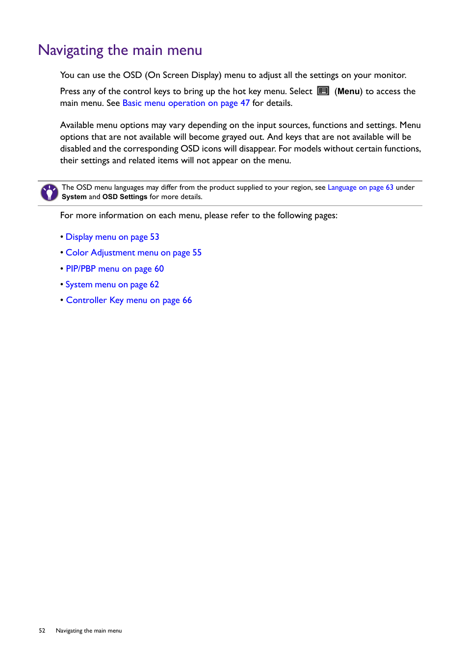 Navigating the main menu | BenQ SW321C 32" 16:9 4K HDR IPS Photo and Video Editing Monitor User Manual | Page 52 / 70