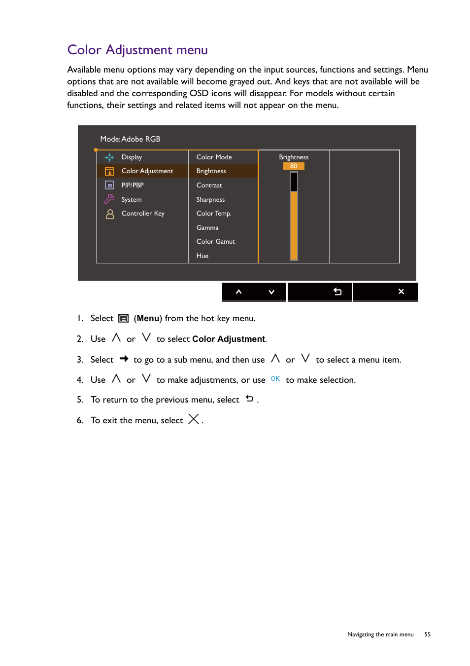 Color adjustment menu | BenQ SW321C 32" 16:9 4K HDR IPS Photo and Video Editing Monitor User Manual | Page 55 / 70