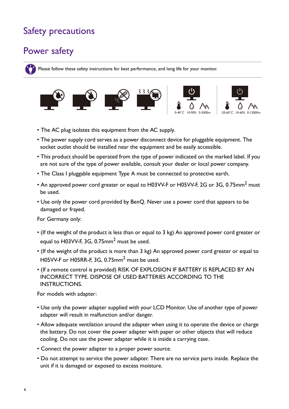 Safety precautions, Safety precautions power safety | BenQ SW321C 32" 16:9 4K HDR IPS Photo and Video Editing Monitor User Manual | Page 6 / 70