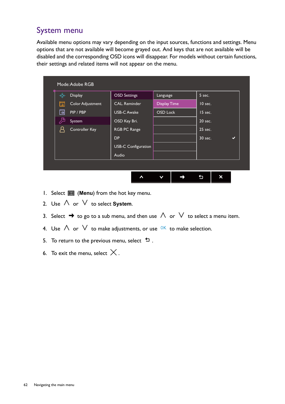 System menu | BenQ SW321C 32" 16:9 4K HDR IPS Photo and Video Editing Monitor User Manual | Page 62 / 70