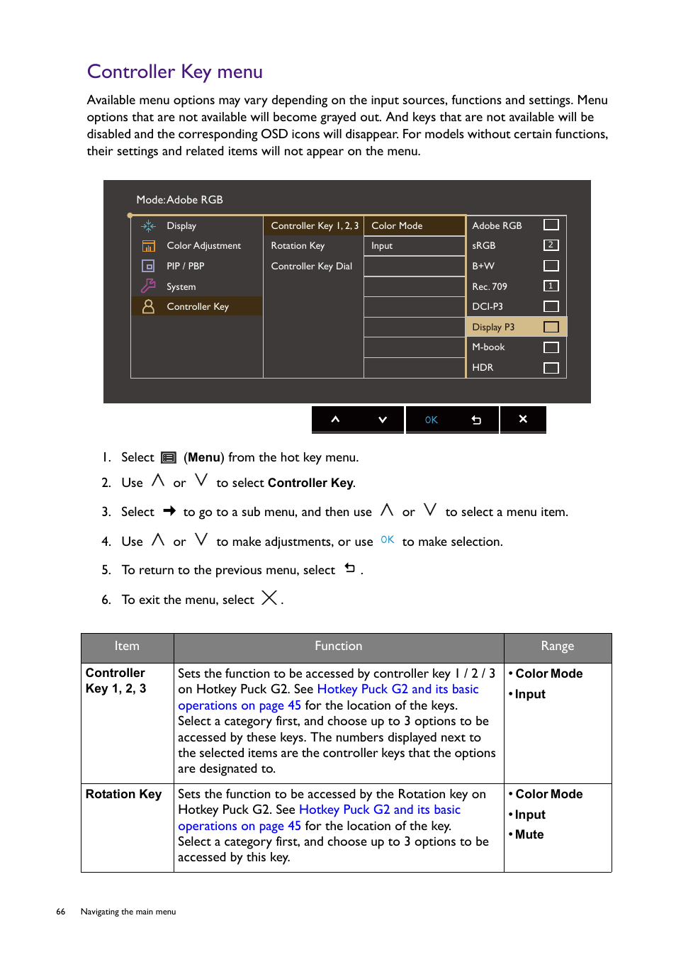 Controller key menu | BenQ SW321C 32" 16:9 4K HDR IPS Photo and Video Editing Monitor User Manual | Page 66 / 70