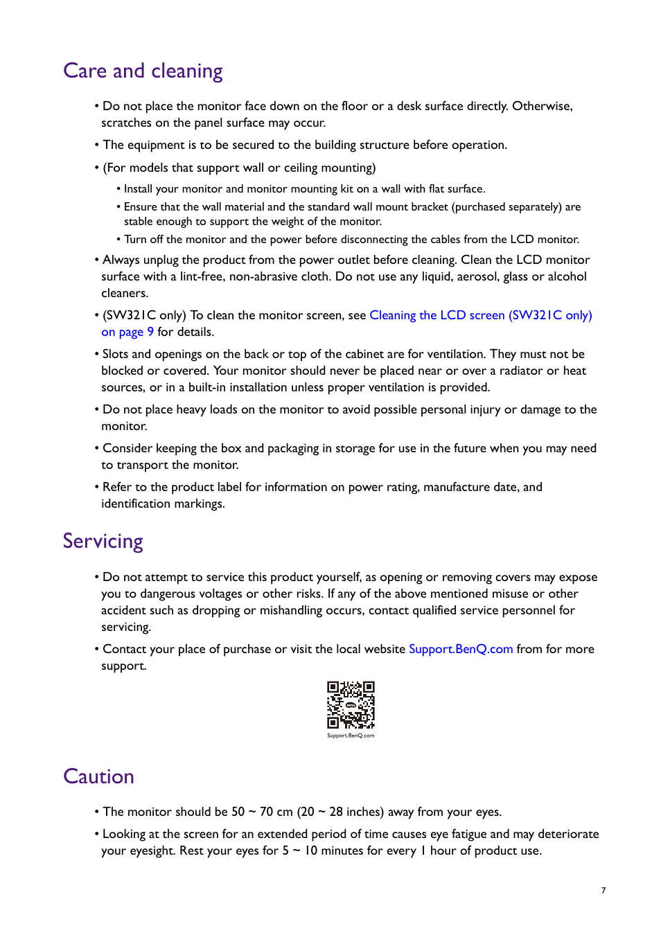 Care and cleaning, Servicing, Caution | BenQ SW321C 32" 16:9 4K HDR IPS Photo and Video Editing Monitor User Manual | Page 7 / 70