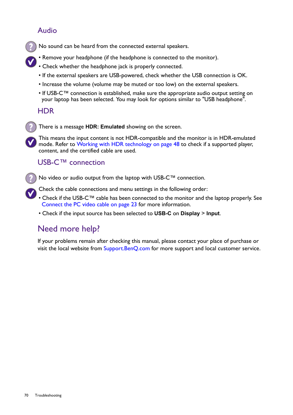 Need more help, Audio hdr usb-c™ connection | BenQ SW321C 32" 16:9 4K HDR IPS Photo and Video Editing Monitor User Manual | Page 70 / 70