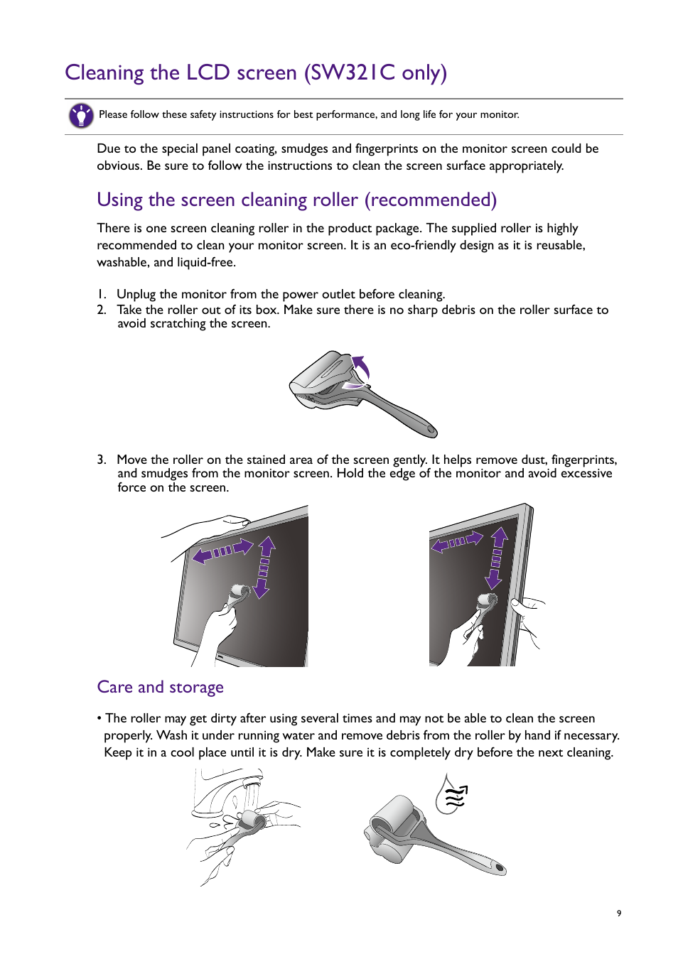 Cleaning the lcd screen (sw321c only), Using the screen cleaning roller (recommended), Care and storage | BenQ SW321C 32" 16:9 4K HDR IPS Photo and Video Editing Monitor User Manual | Page 9 / 70