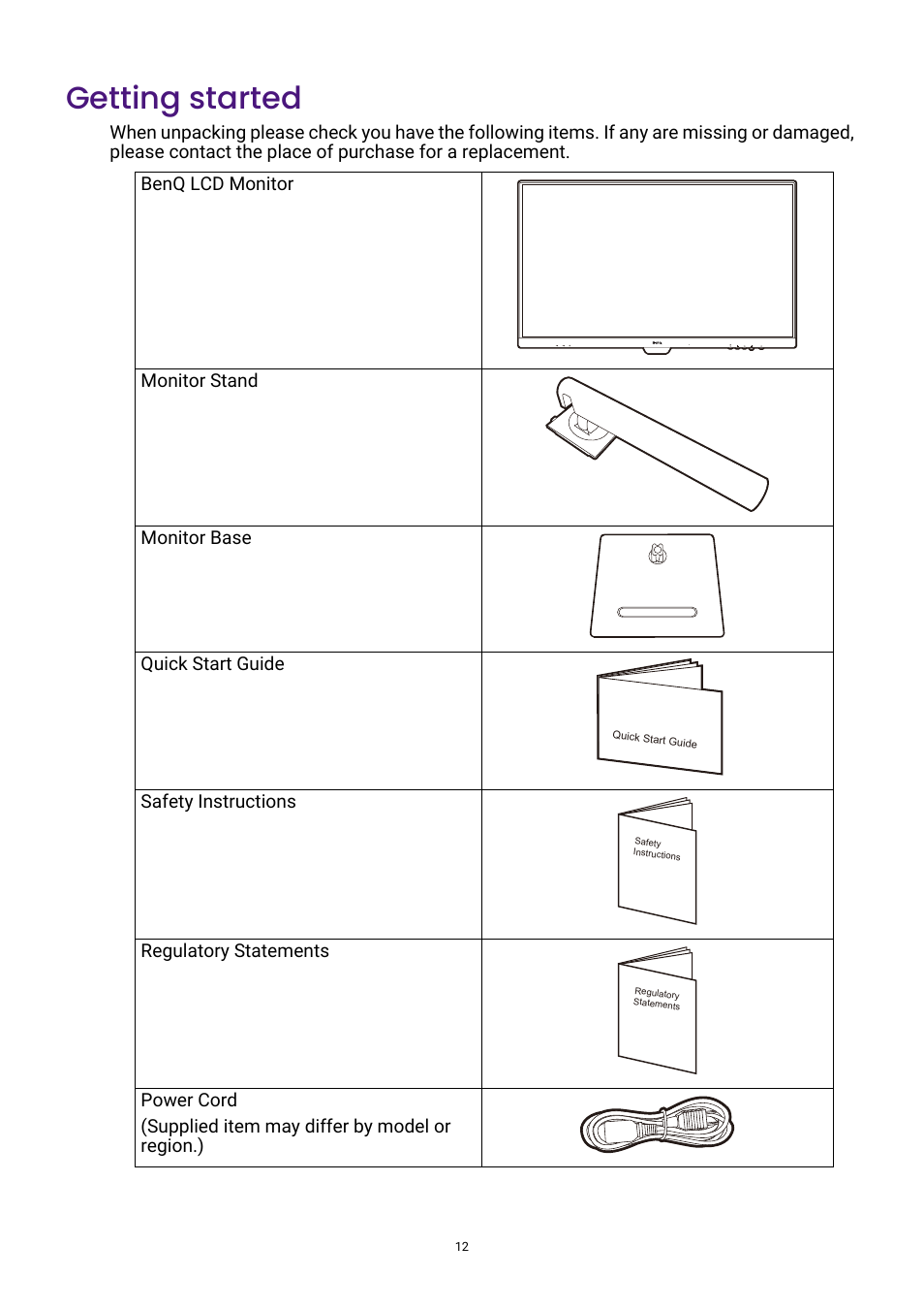 Getting started | BenQ GW3290QT 31.5" 1440p Ergonomic Eye-Care Professional Monitor (White) User Manual | Page 12 / 53