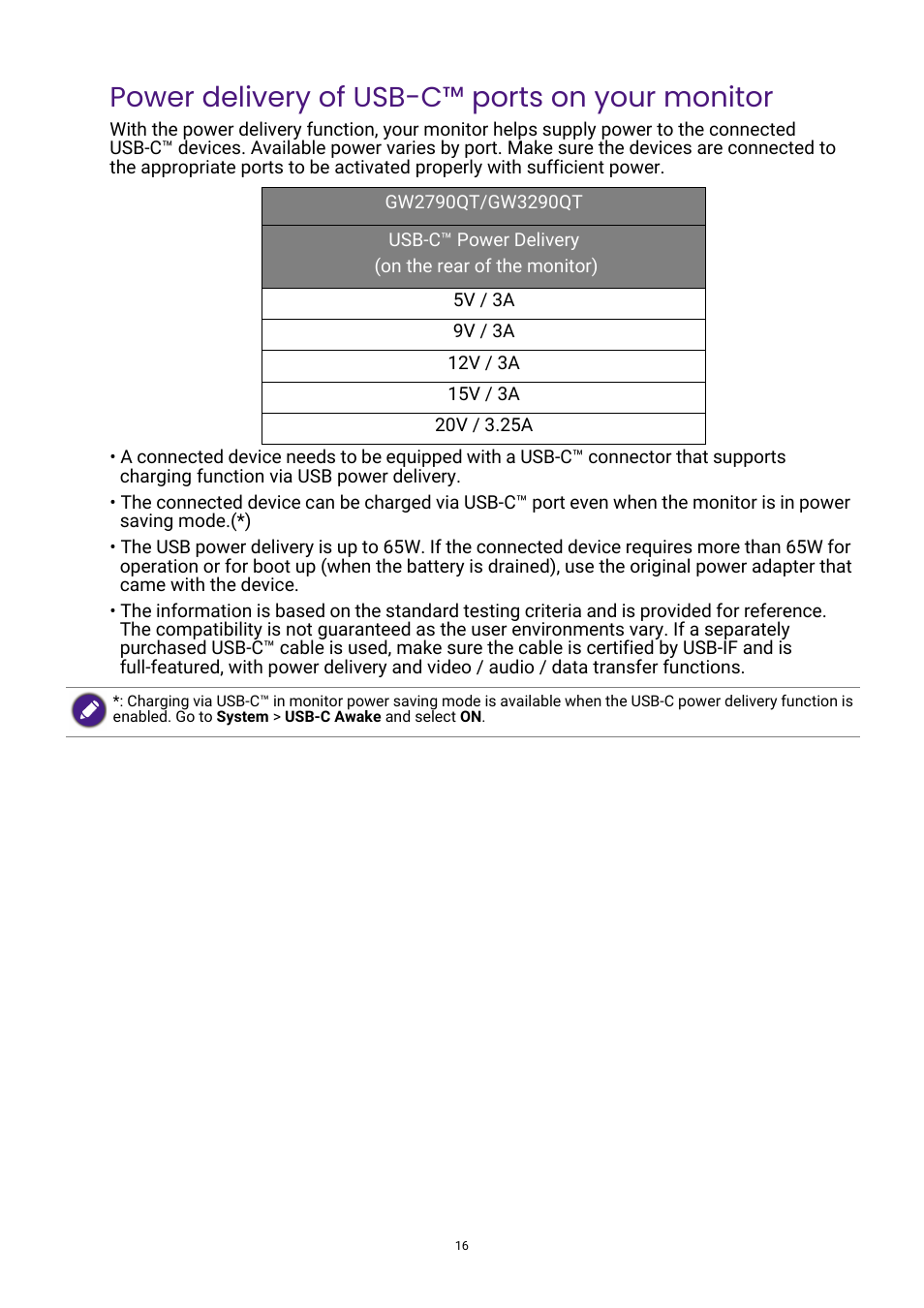 Power delivery of usb-c™ ports on your monitor | BenQ GW3290QT 31.5" 1440p Ergonomic Eye-Care Professional Monitor (White) User Manual | Page 16 / 53