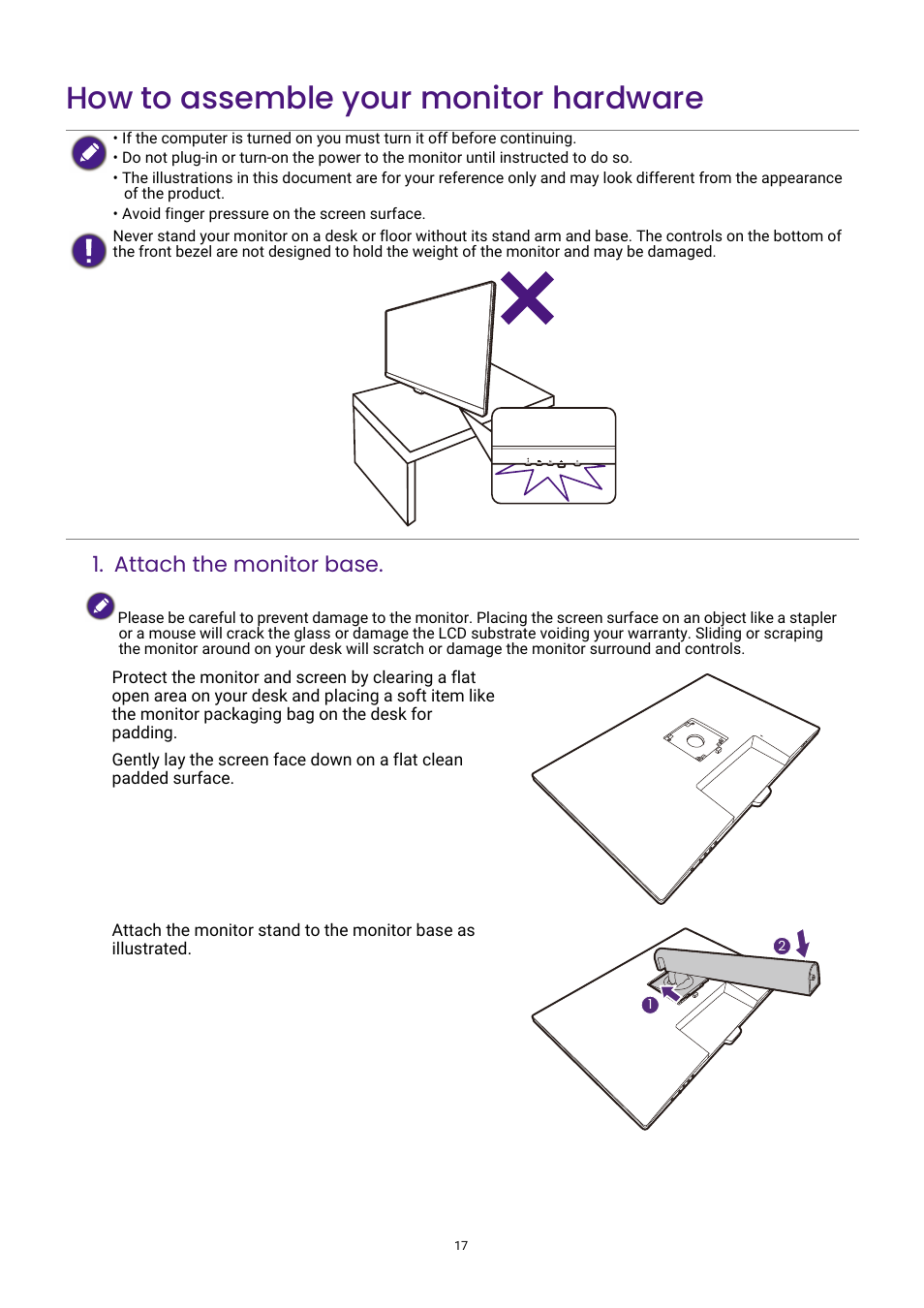 How to assemble your monitor hardware, Attach the monitor base | BenQ GW3290QT 31.5" 1440p Ergonomic Eye-Care Professional Monitor (White) User Manual | Page 17 / 53
