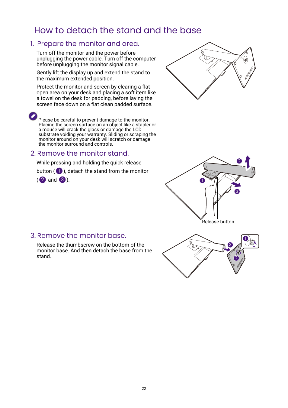 How to detach the stand and the base, Prepare the monitor and area, Remove the monitor stand | Remove the monitor base | BenQ GW3290QT 31.5" 1440p Ergonomic Eye-Care Professional Monitor (White) User Manual | Page 22 / 53