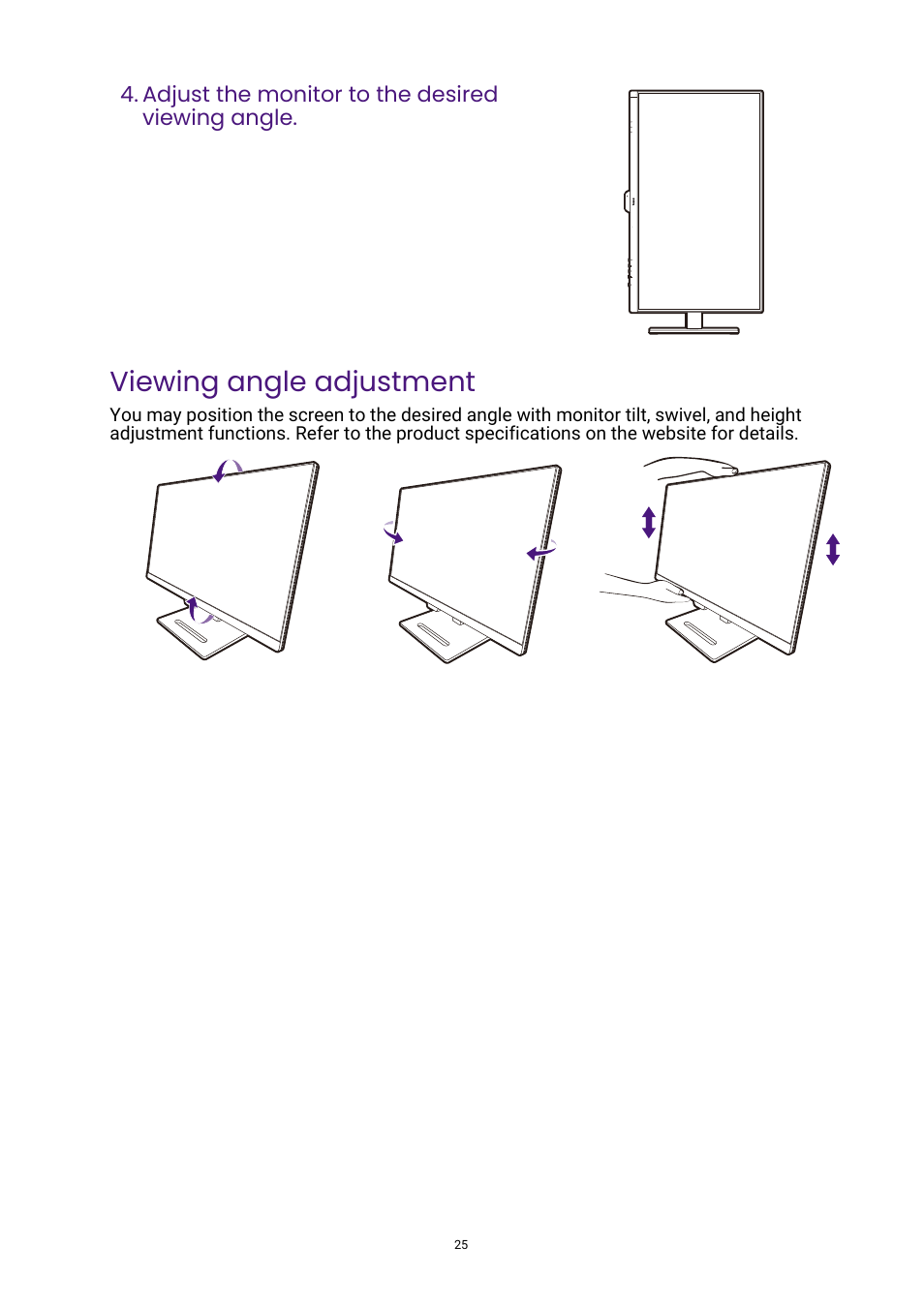 Viewing angle adjustment | BenQ GW3290QT 31.5" 1440p Ergonomic Eye-Care Professional Monitor (White) User Manual | Page 25 / 53