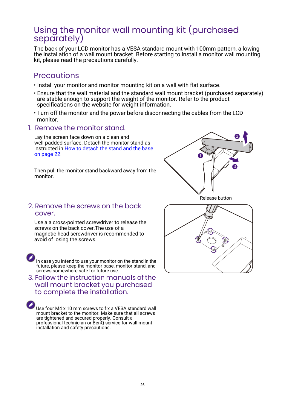 Precautions, Remove the monitor stand, Remove the screws on the back cover | BenQ GW3290QT 31.5" 1440p Ergonomic Eye-Care Professional Monitor (White) User Manual | Page 26 / 53