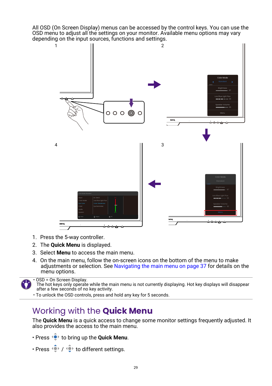 Working with the quick menu, Working with the | BenQ GW3290QT 31.5" 1440p Ergonomic Eye-Care Professional Monitor (White) User Manual | Page 29 / 53