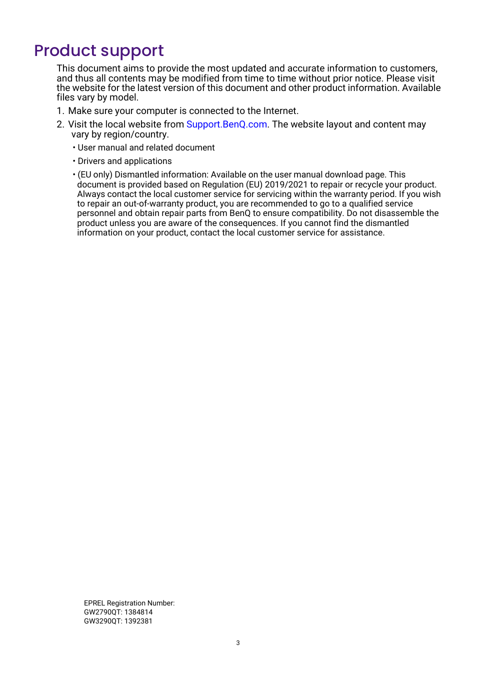 Product support | BenQ GW3290QT 31.5" 1440p Ergonomic Eye-Care Professional Monitor (White) User Manual | Page 3 / 53